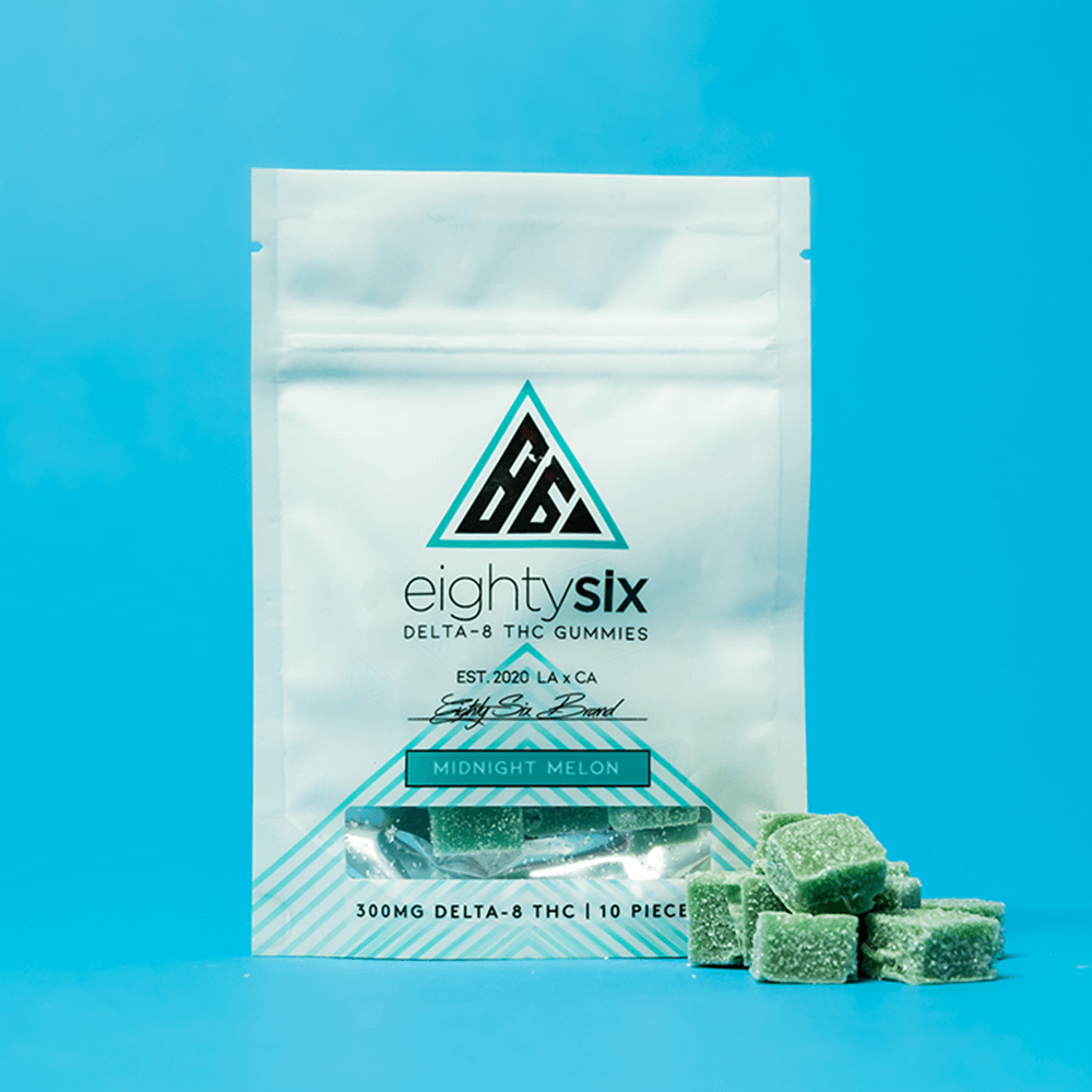 Midnight-Melon-Delta-8-THC-Gummies-with-mylar-bag-on-a-blue-background