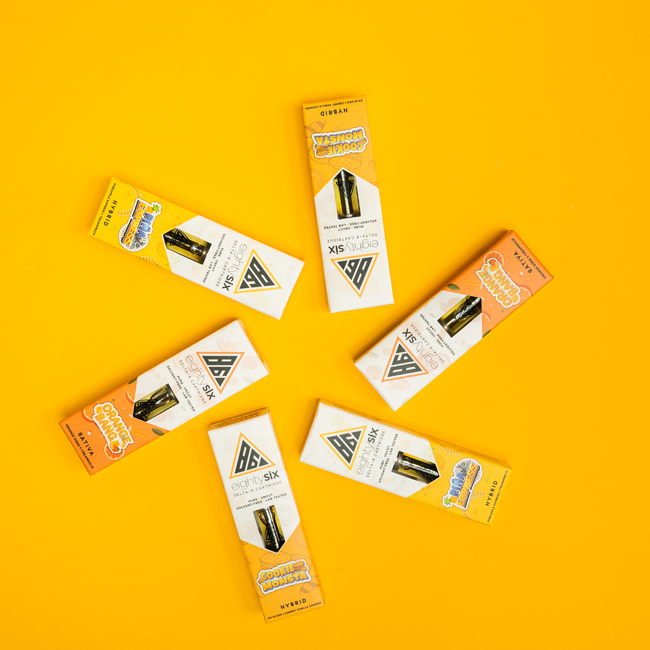 Different flavours in delta 8 cartridges on yellow background