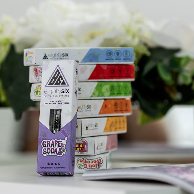 Grape Soda Delta-8 Cartridge leaning on the other 8 strains from the product collection.