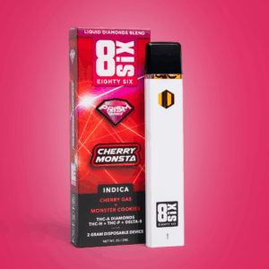 Cherry Monsta THCa 2G Disposable displayed on a red background