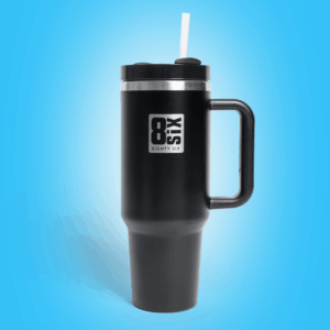 40oz tumbler displayed on a blue background