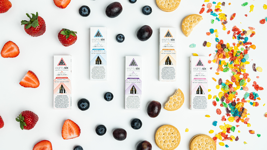 Eighty Six vape products surrounded by food
